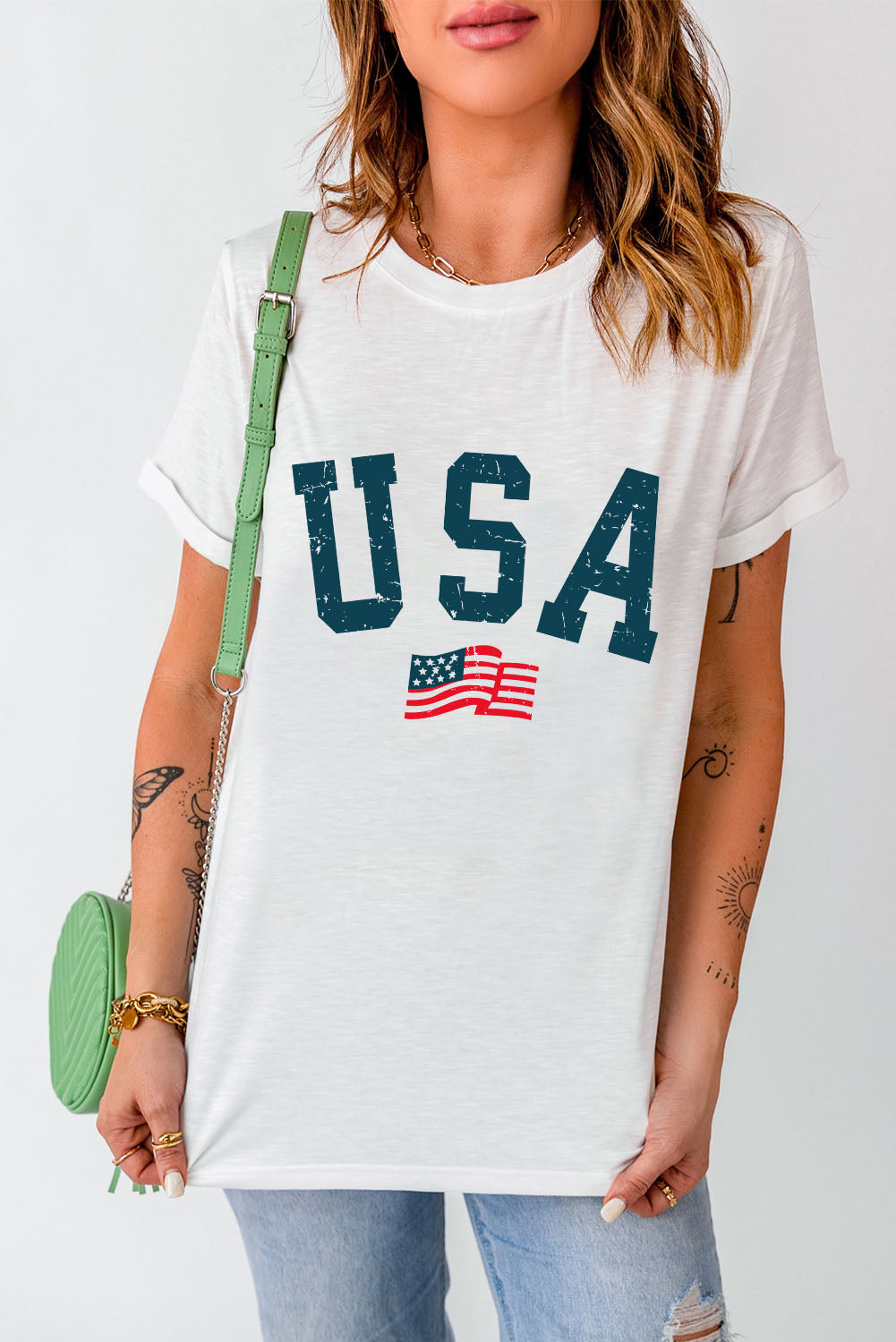 White USA Flag Patriotic Graphic Crew Neck Tee