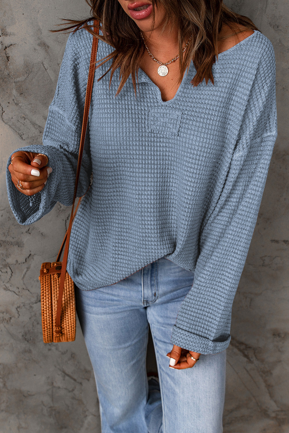 Waffle Drop Shoulder Long Sleeve Top