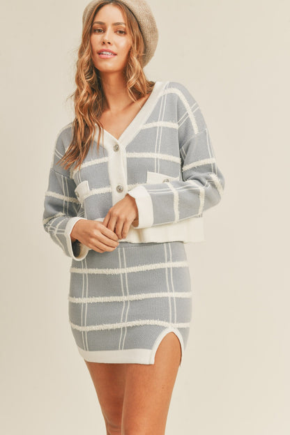 Dusty Blue Plaid Button Down Sweater Cardigan & Mini Skirt Set