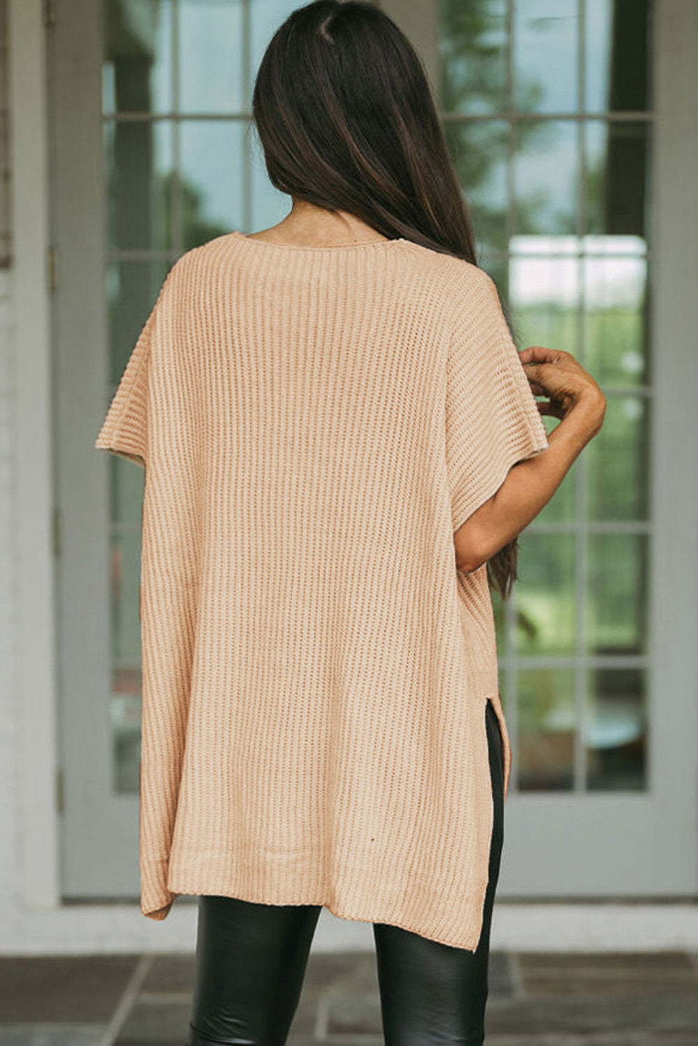 Rose Red Side Slit Short Sleeve Oversized Sweater