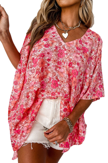 Blusa extragrande con cuello en V y estampado floral bohemio rosa