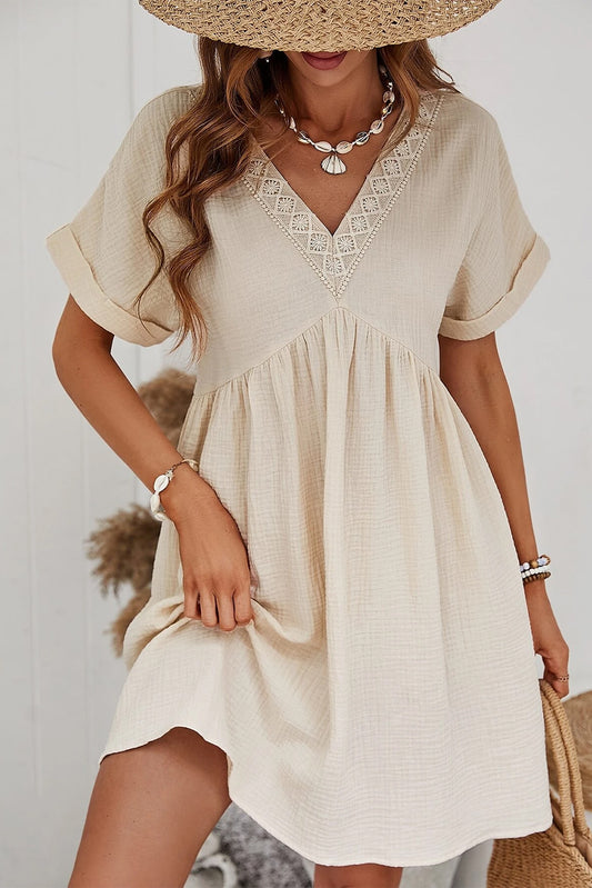 Beige Lace V Neck Mini Dress