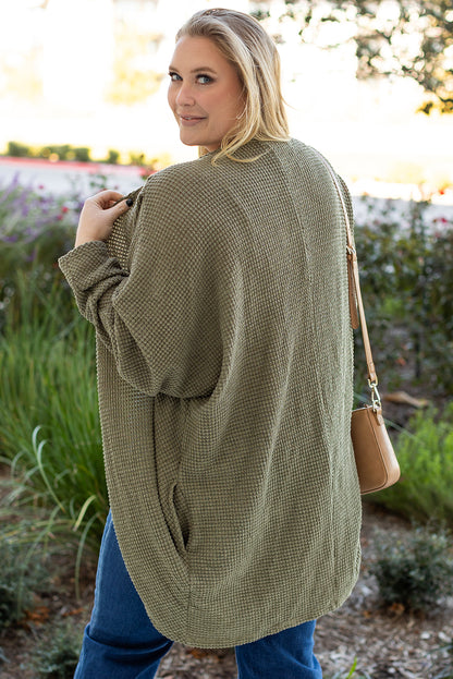 Seagrass Waffle Knit Drop Shoulder Plus Size Cardigan