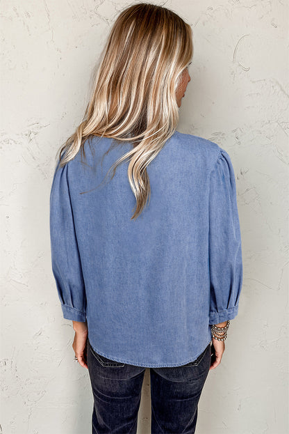 Myosotis Denim Bow Tie Pleated Puff Sleeve Top