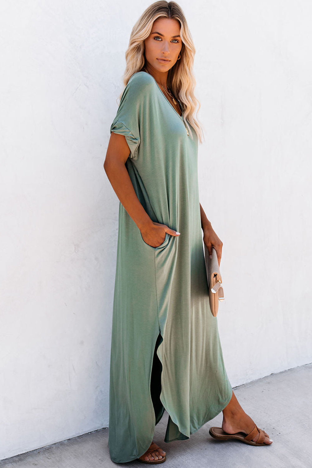 Grass Green Solid Color Hidden Pocket V Neck Slit Maxi Dress