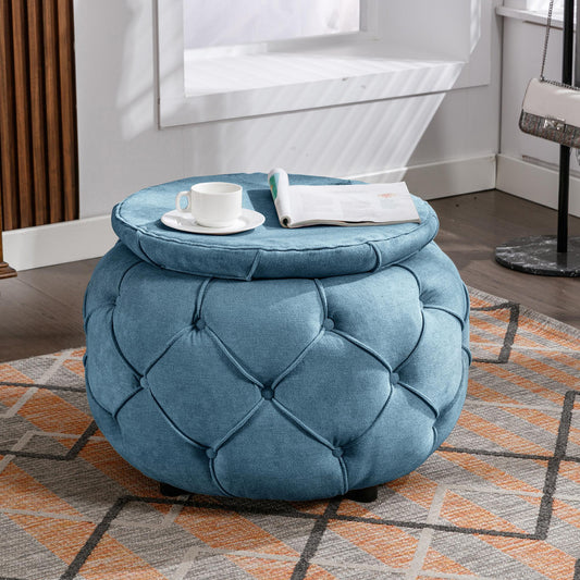 Blue Large Button Tufted Woven Round Storage Footstool