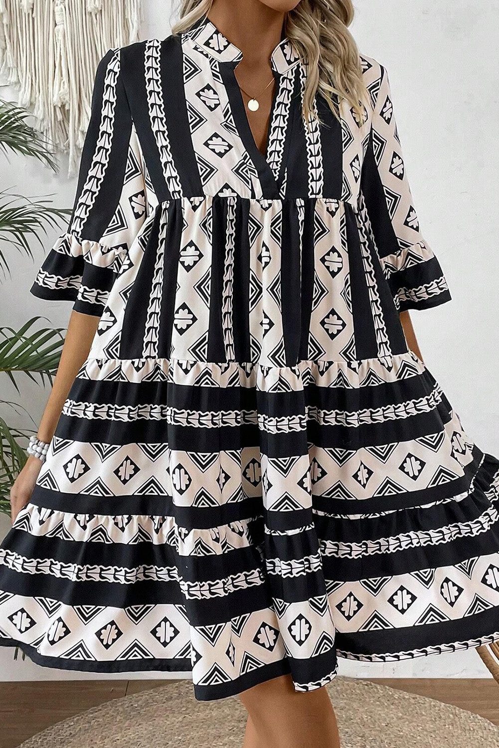 Black Abstract V Neck Boho Dress