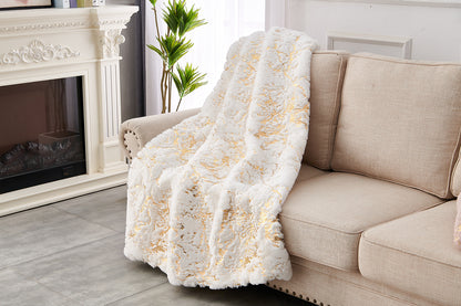 White Luxury Chinchilla Faux Fur Gilded Throw Blanket