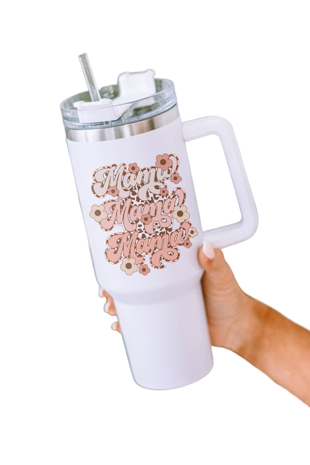 Taza de vaso con aislamiento de acero inoxidable con estampado de leopardo y flor de mamá blanca de 40 oz