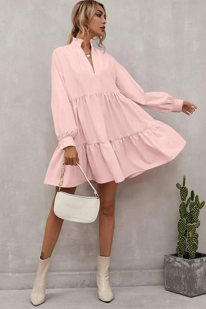 Pink Elegant Stand V Neck Short Frill Dress