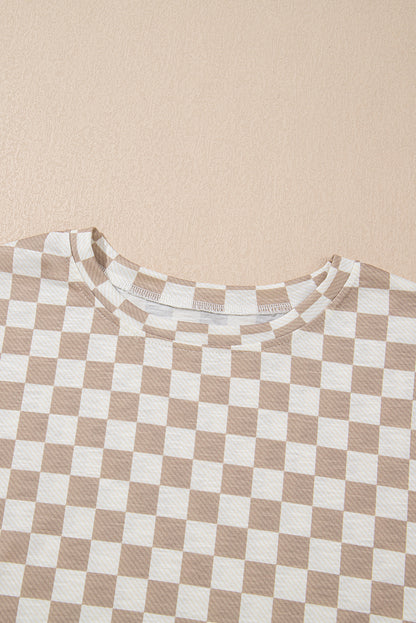 Brown Checkerboard T Shirt and High Waist Skorts 2 Piece Outfit