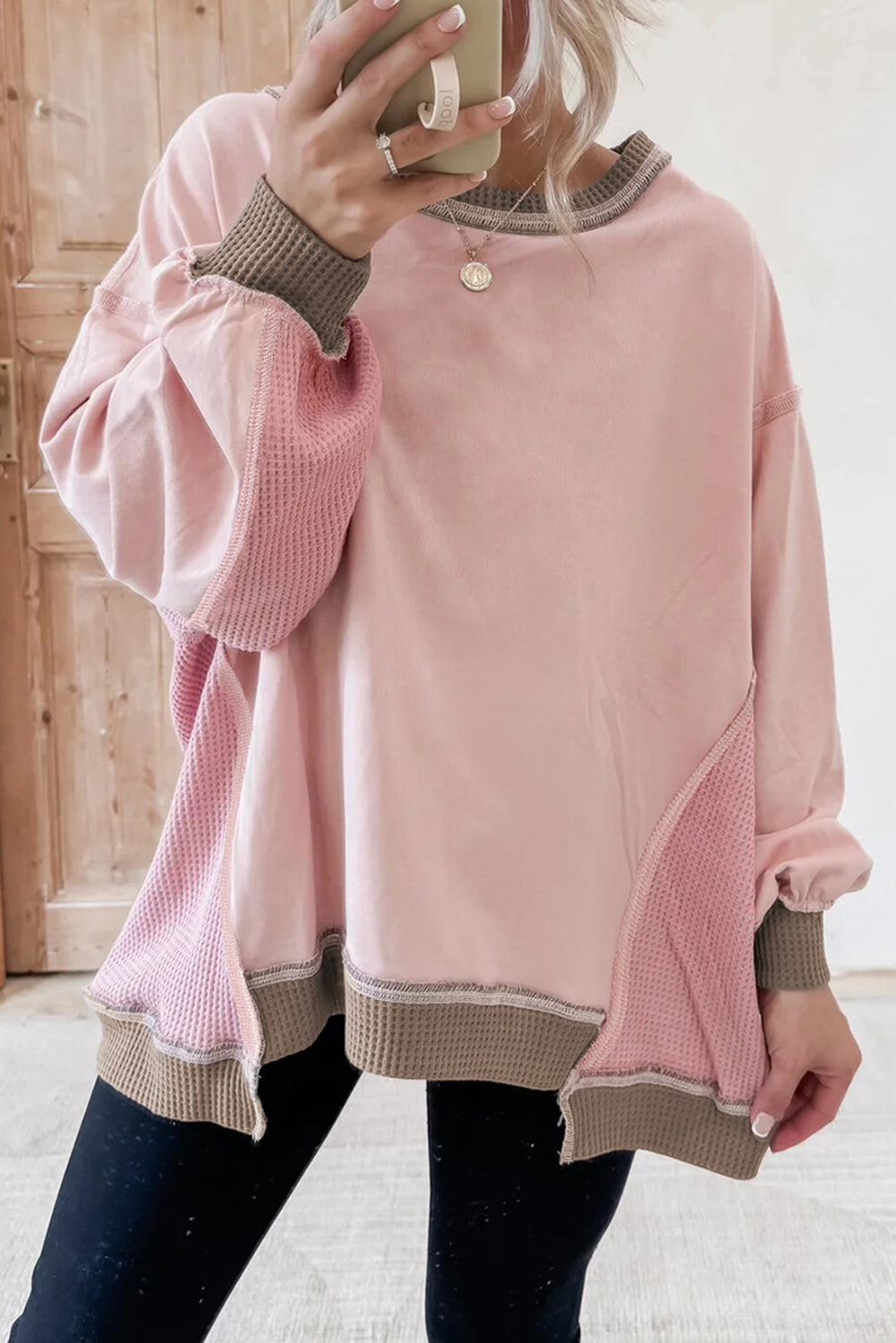 Light Pink Colorblock Waffle Patchwork Oversize Sweatshirt