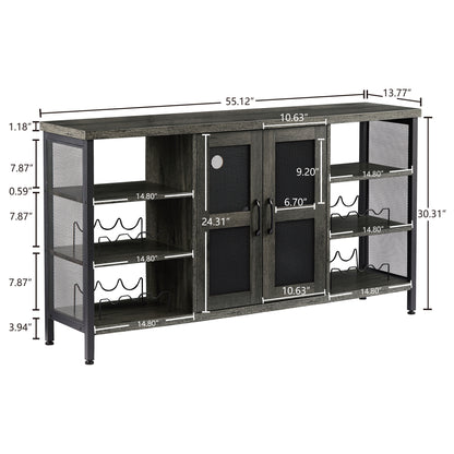 Black Gray Industrial Wine Bar Cabinet w/ Wine Racks & Stemware Holder