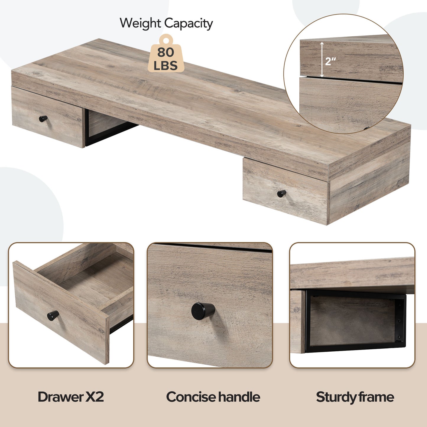 Log Gray Floating Vanity Shelf w/ Drawers