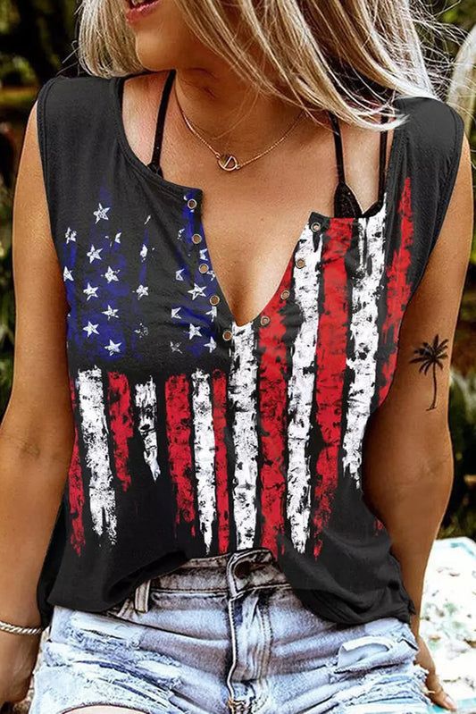 Camiseta sin mangas con cuello en V y muescas estampada con bandera estadounidense negra