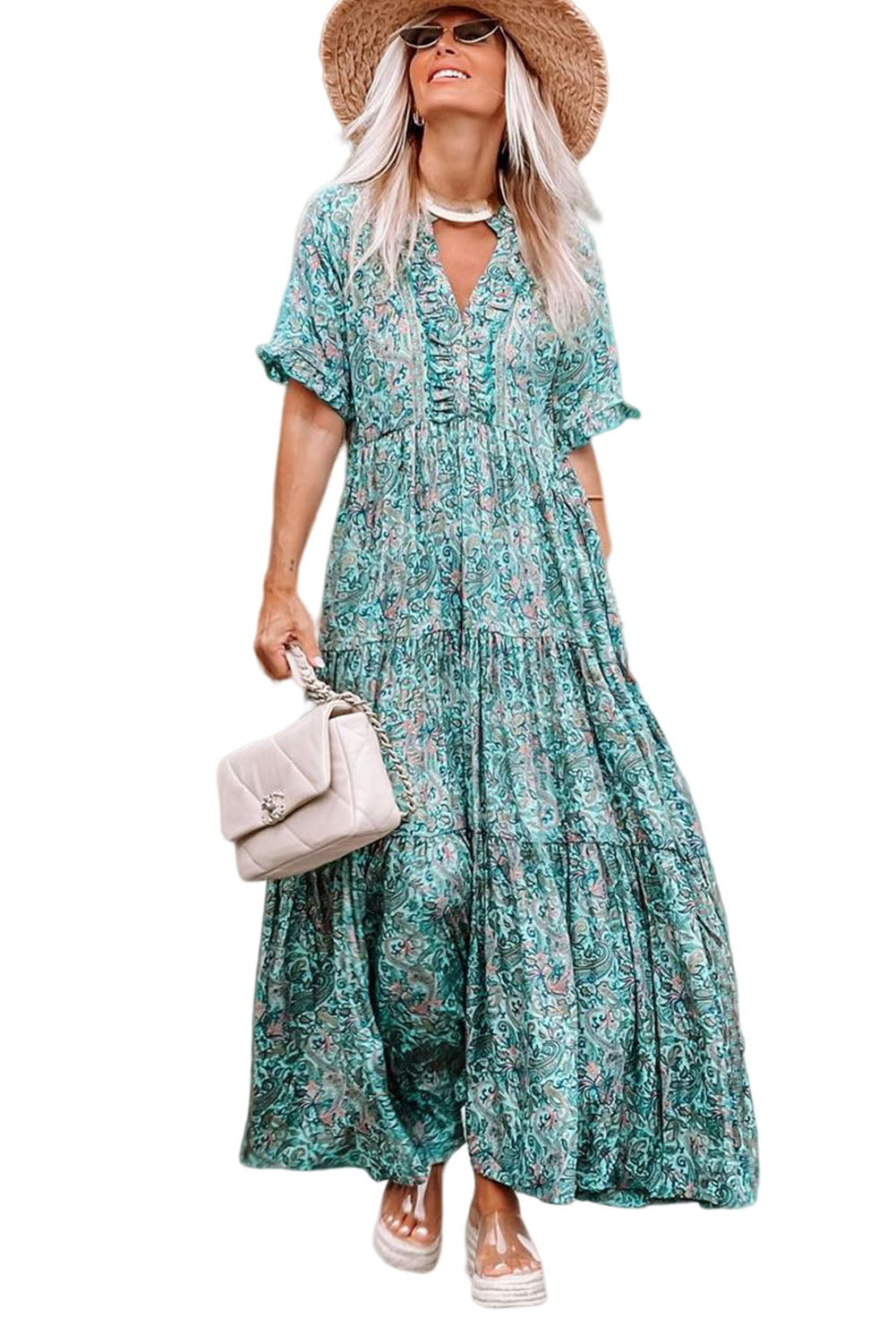 Vestido largo estampado de paisley con cuello en V dividido y escalonado boho azul cielo