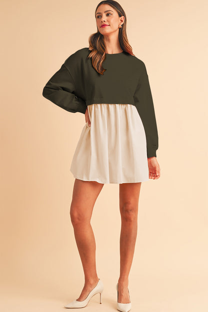 Khaki Sweatshirt 2-in-1 Flowy Pleated Mini Dress