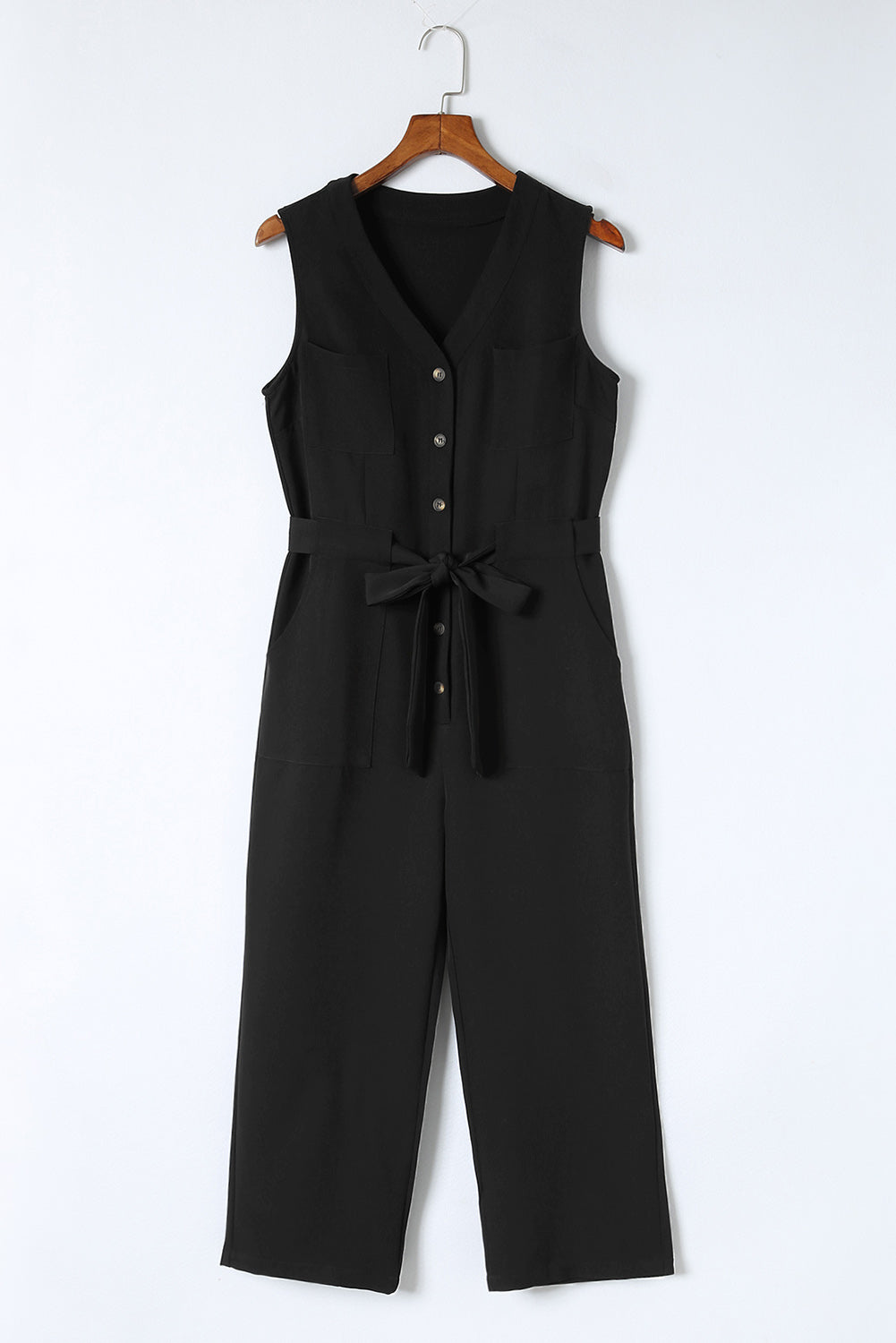 Buttoned Sleeveless Cropped Jumpsuit With Sash