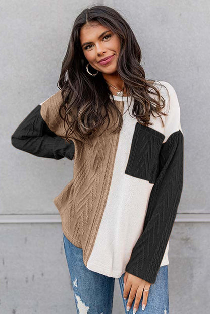 Long Sleeve Colorblock Chest Pocket Textured Knit Top