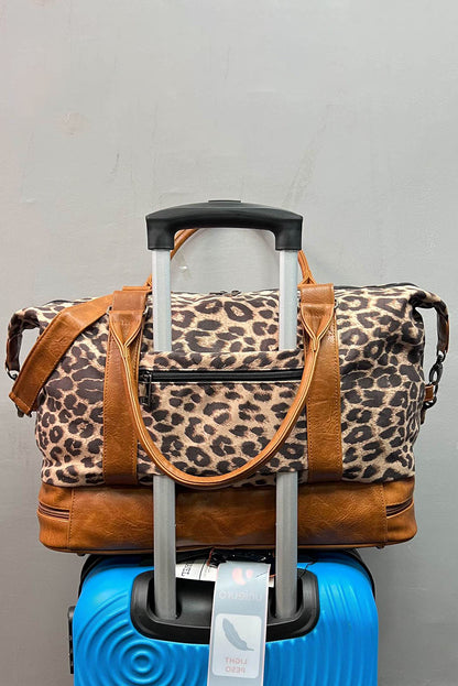 Bolso de lona grande con cremallera y patchwork de cuero PU de leopardo