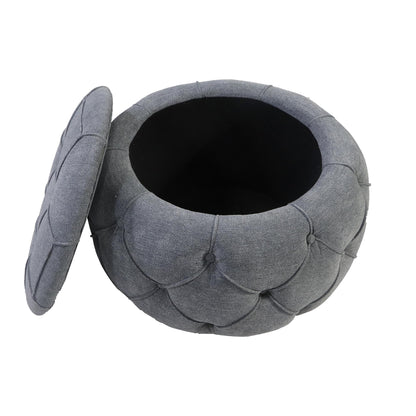 Grey Large Button Tufted Woven Round Storage Footstool