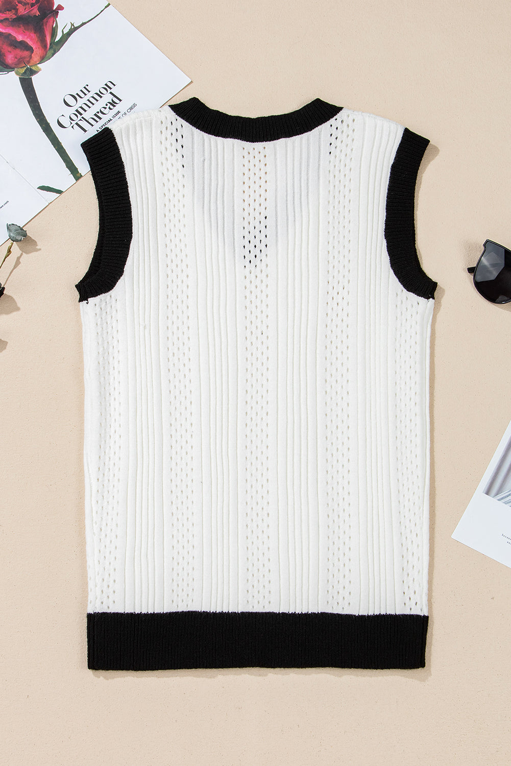 White Contrast Trim Eyelet Knit Colorblock V Neck Sweater Vest