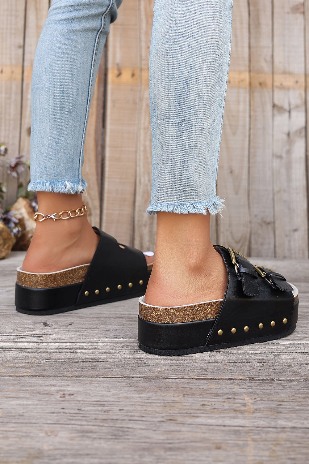 Chestnut Dual Buckle Studded Vintage Platform Sandals