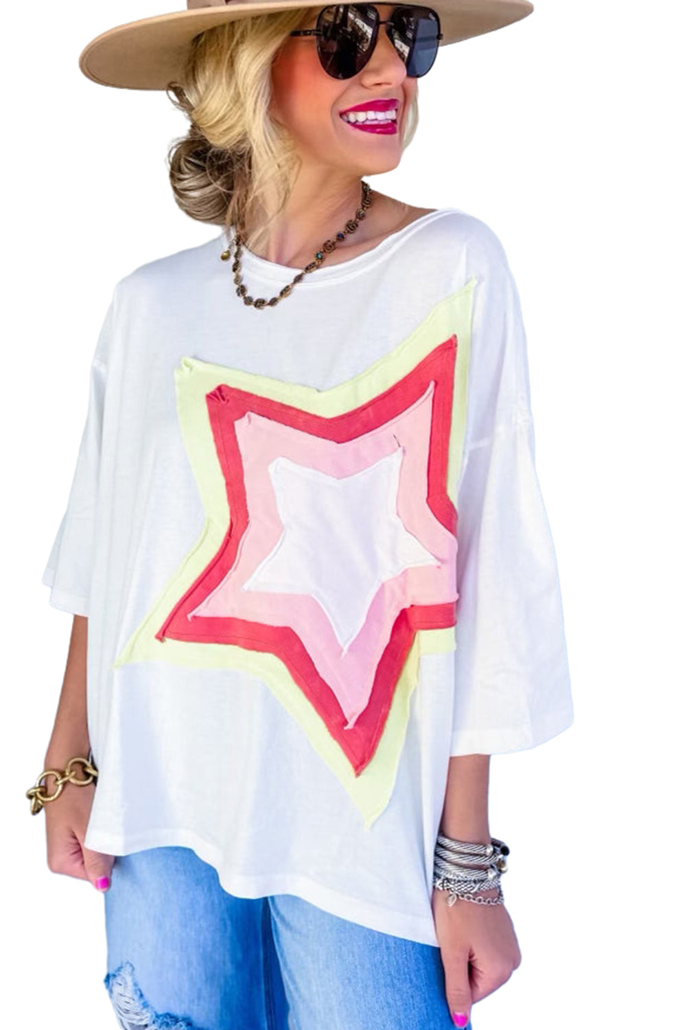 White Colorblock Star Patched Half Sleeve Oversized Tee