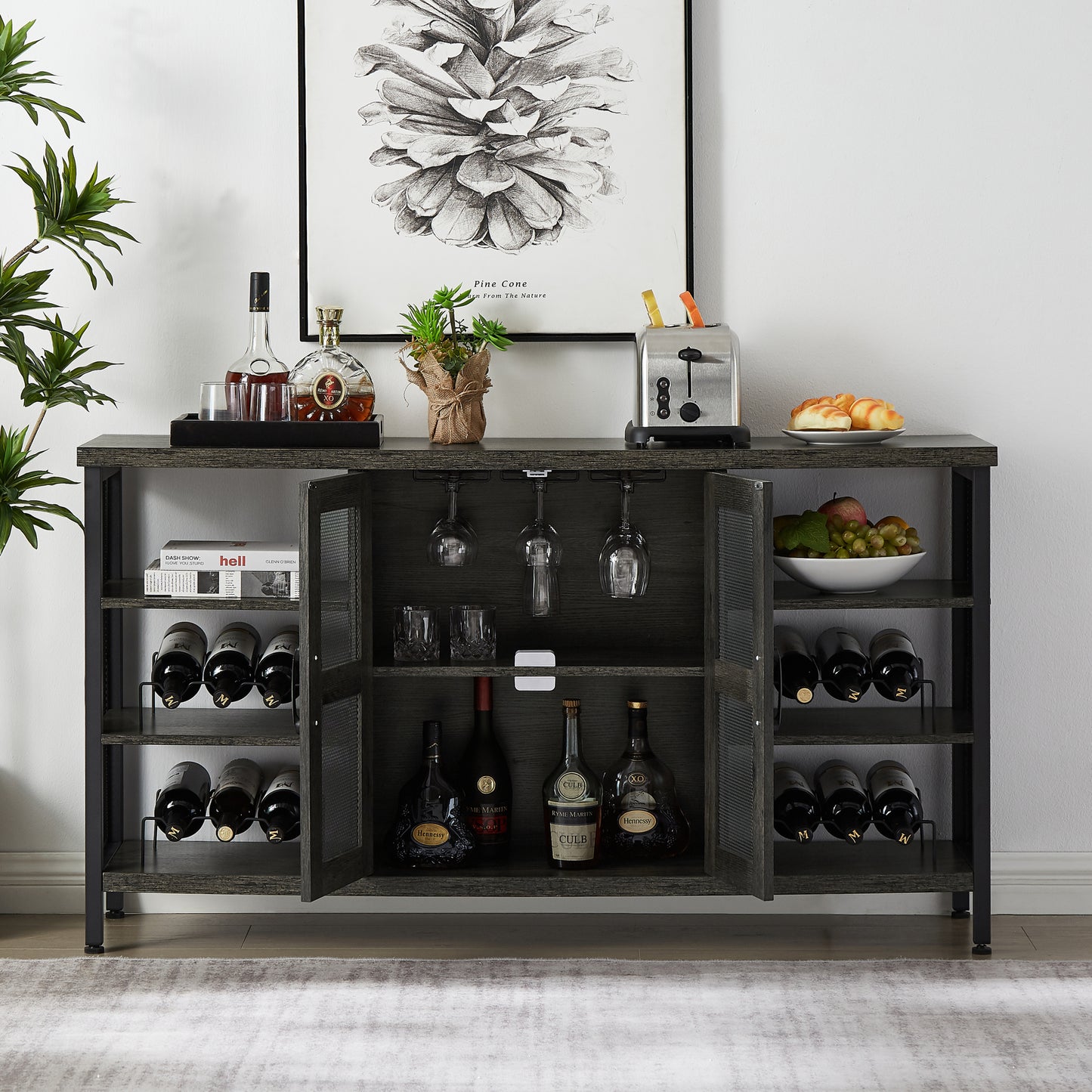 Black Gray Industrial Wine Bar Cabinet w/ Wine Racks & Stemware Holder