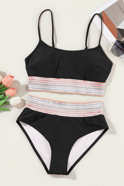 Black Striped Patchwork Spaghetti Strap High Waist Bikini Set