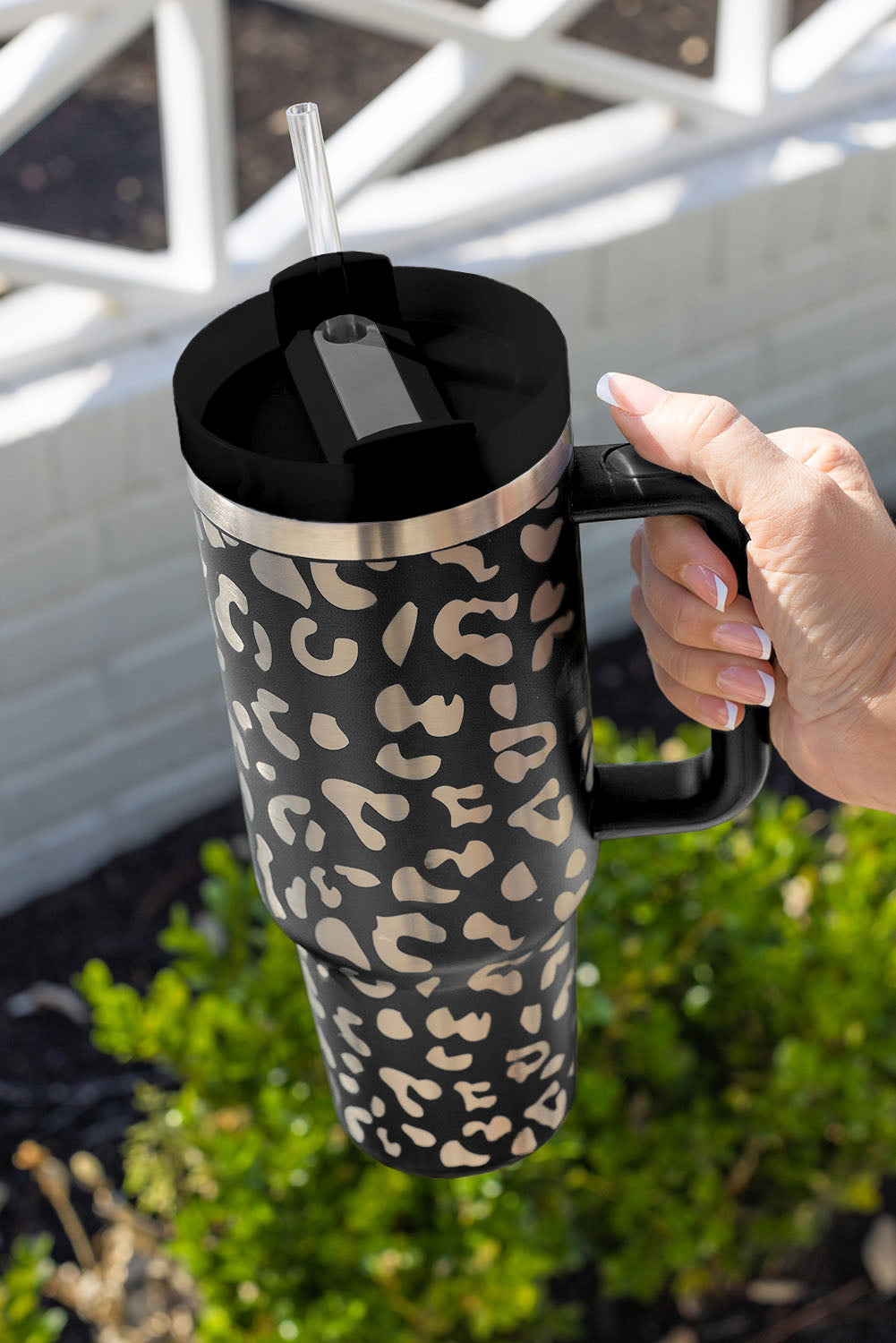 Pink 40oz Stainless Steel Portable Leopard Tumbler Mug With Handle