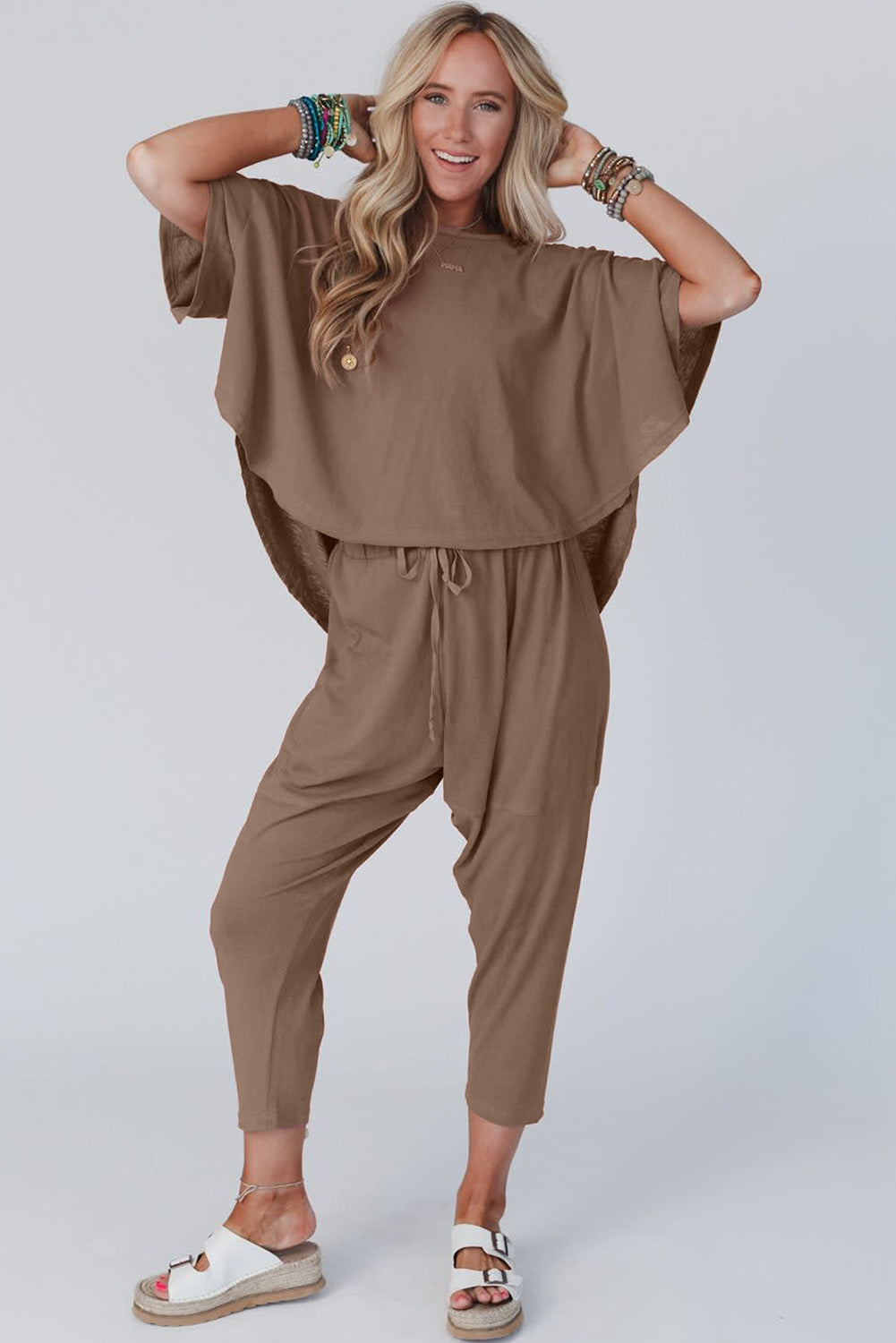 Taupe Batwing Sleeve High Low Tee and Drawstring Crop Pants Set