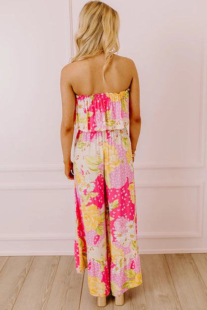 Multicolour Floral Print Ruffled High Waist Tube Top Loose Jumpsuit