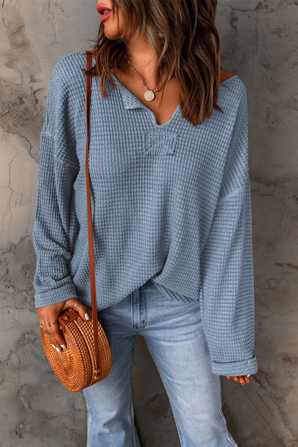 Waffle Drop Shoulder Long Sleeve Top