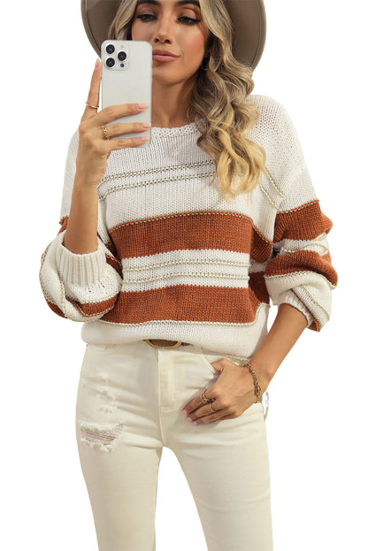 Casual Stripe Knit Puff Sleeve Sweater