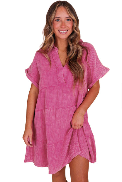 Strawberry Pink Mineral Wash Crinkle Split Neck Raw Hem Tiered Dress