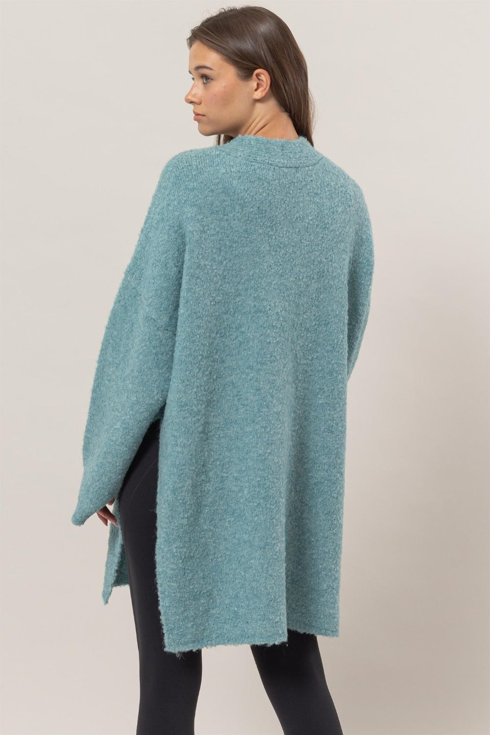 Ocean Blue Front Rosette Longline Slit Sweater Cardigan