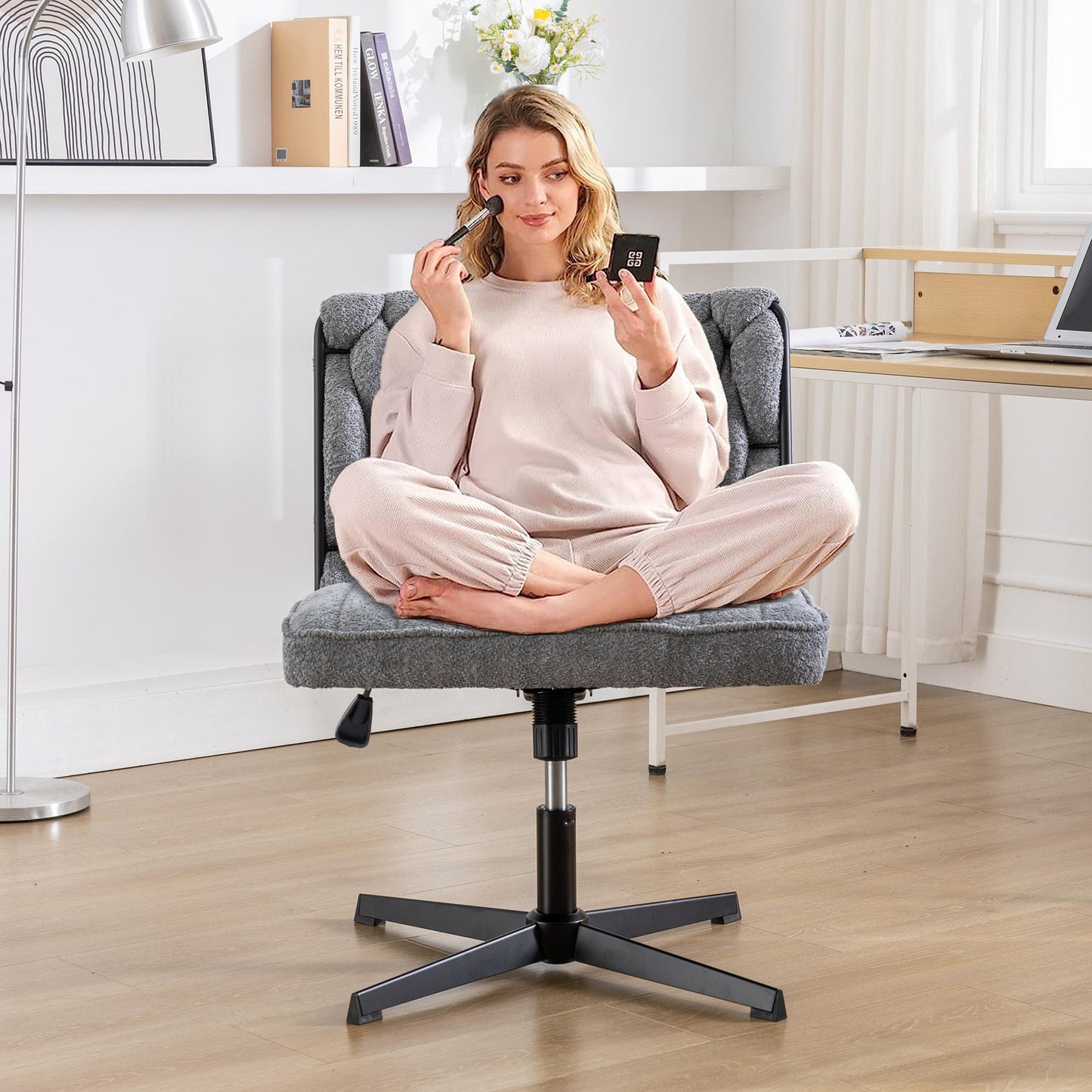 Grey Wide Ergonomic Armless Office Chair w/ No Wheels