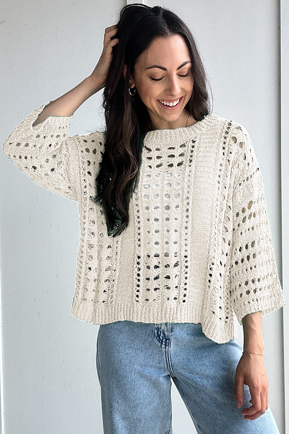 White Hollow Out Knit Bracelet Sleeve Drop Shoulder Sweater