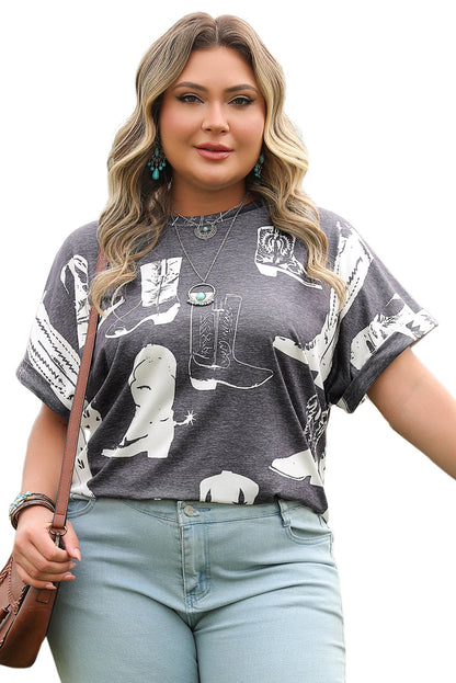 Gray Plus Size Western Boots Print Crew Neck T Shirt