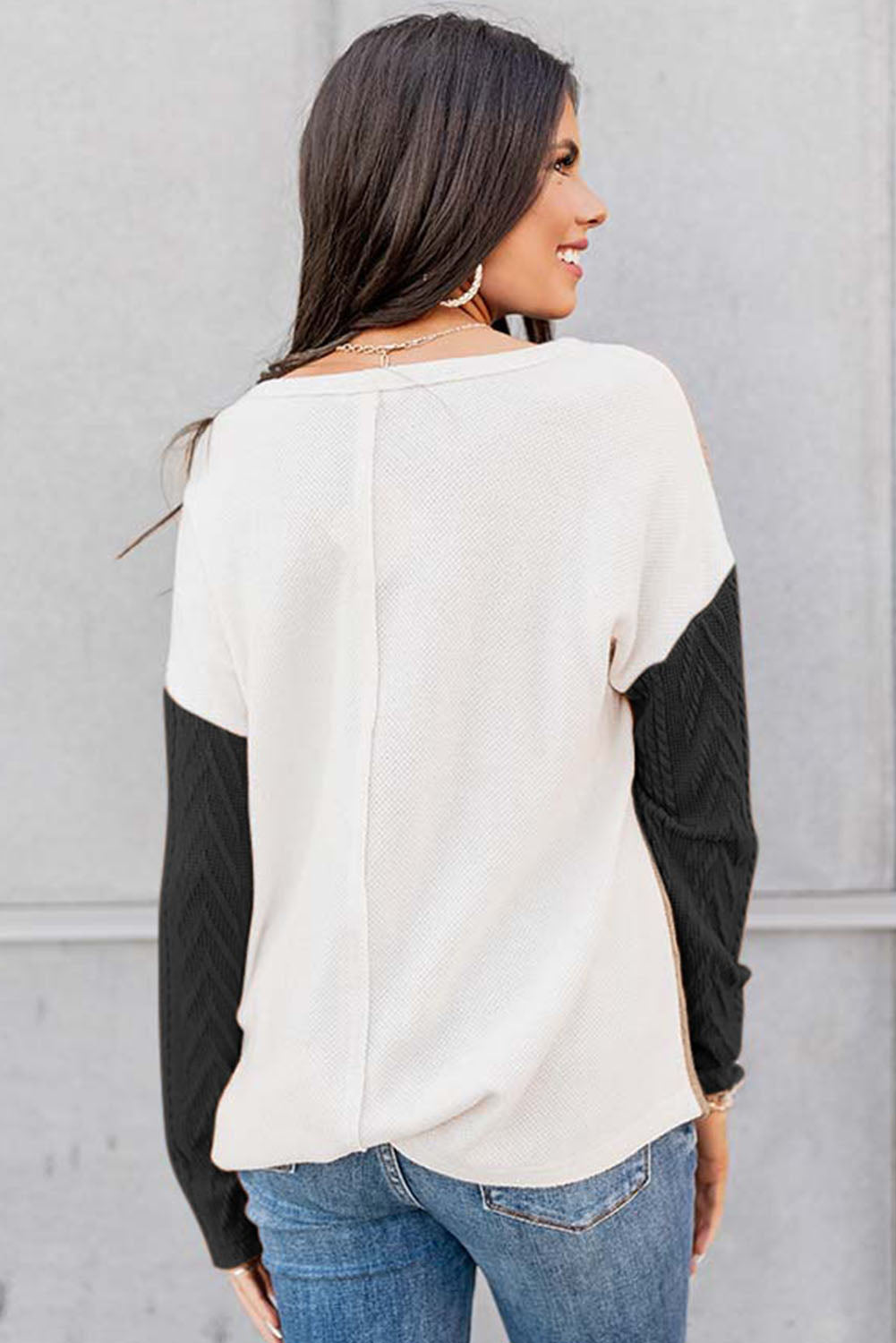 Long Sleeve Colorblock Chest Pocket Textured Knit Top