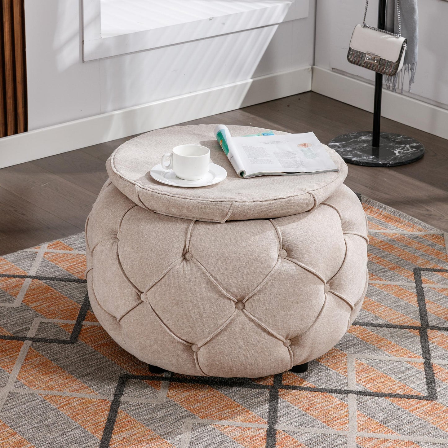 Beige Large Button Tufted Woven Round Storage Footstool