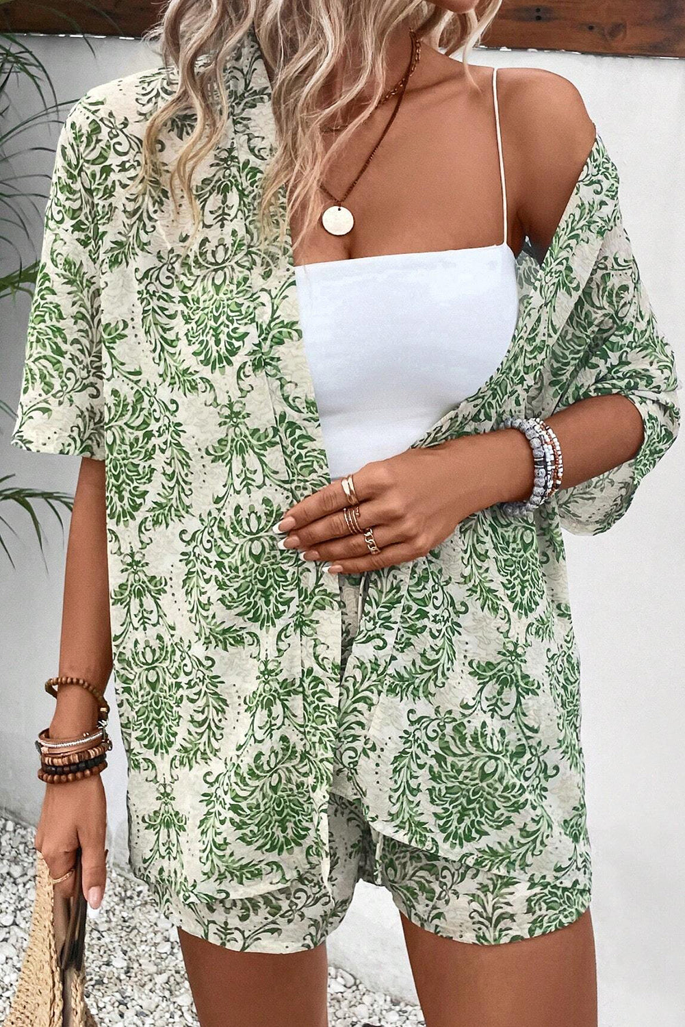 Green Floral Open Front Shirt and Drawstring Shorts Set