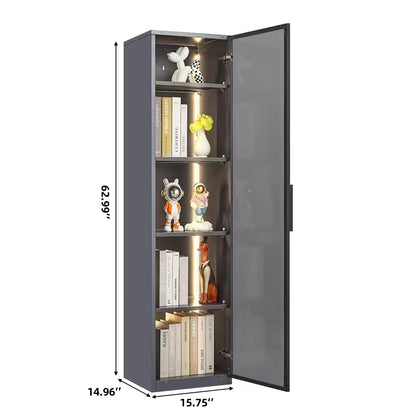 Gray Glass Door Metal Storage Cabinet w/ Removable Dividers & LED Light Strips