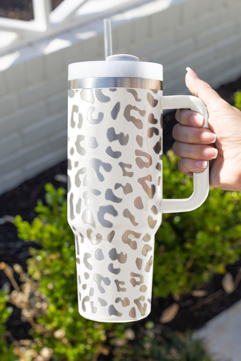 Pink 40oz Stainless Steel Portable Leopard Tumbler Mug With Handle