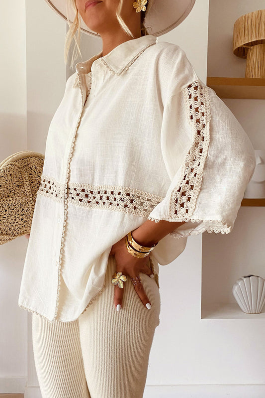 White Crochet Patchwork Drop Sleeve Scallop Edge Shirt