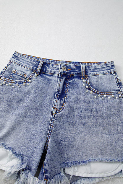 Beau Blue Pearl Studded Pockets Raw Hem Denim Shorts