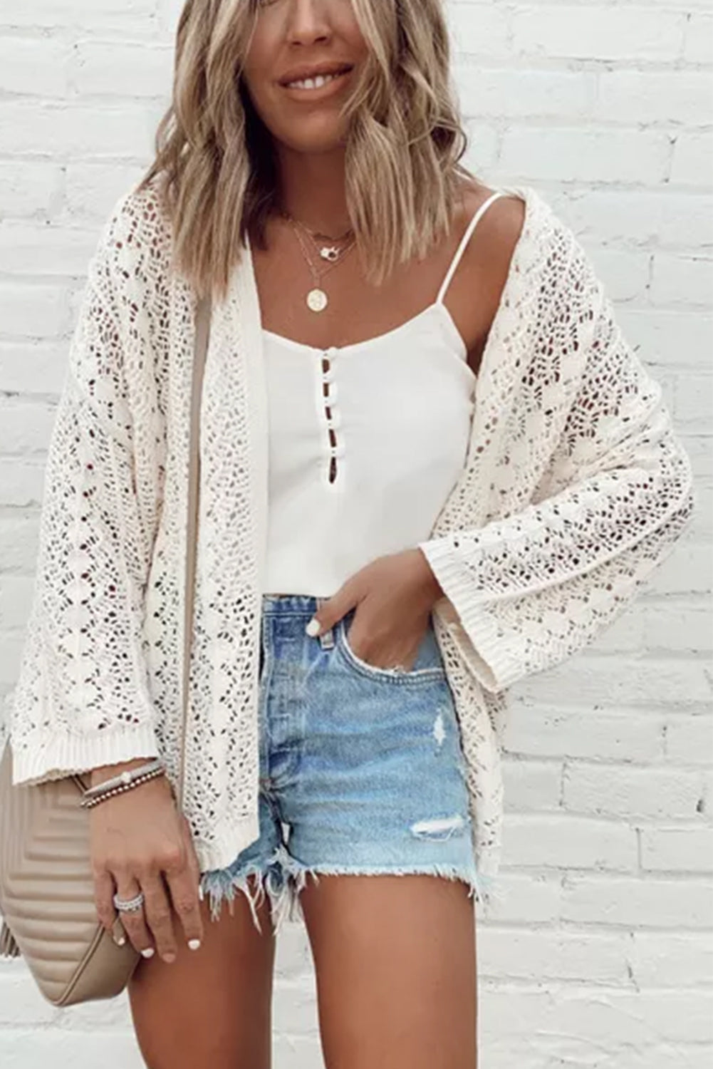 White Hollow Out Crochet Knit Drop Shoulder Open Front Cardigan