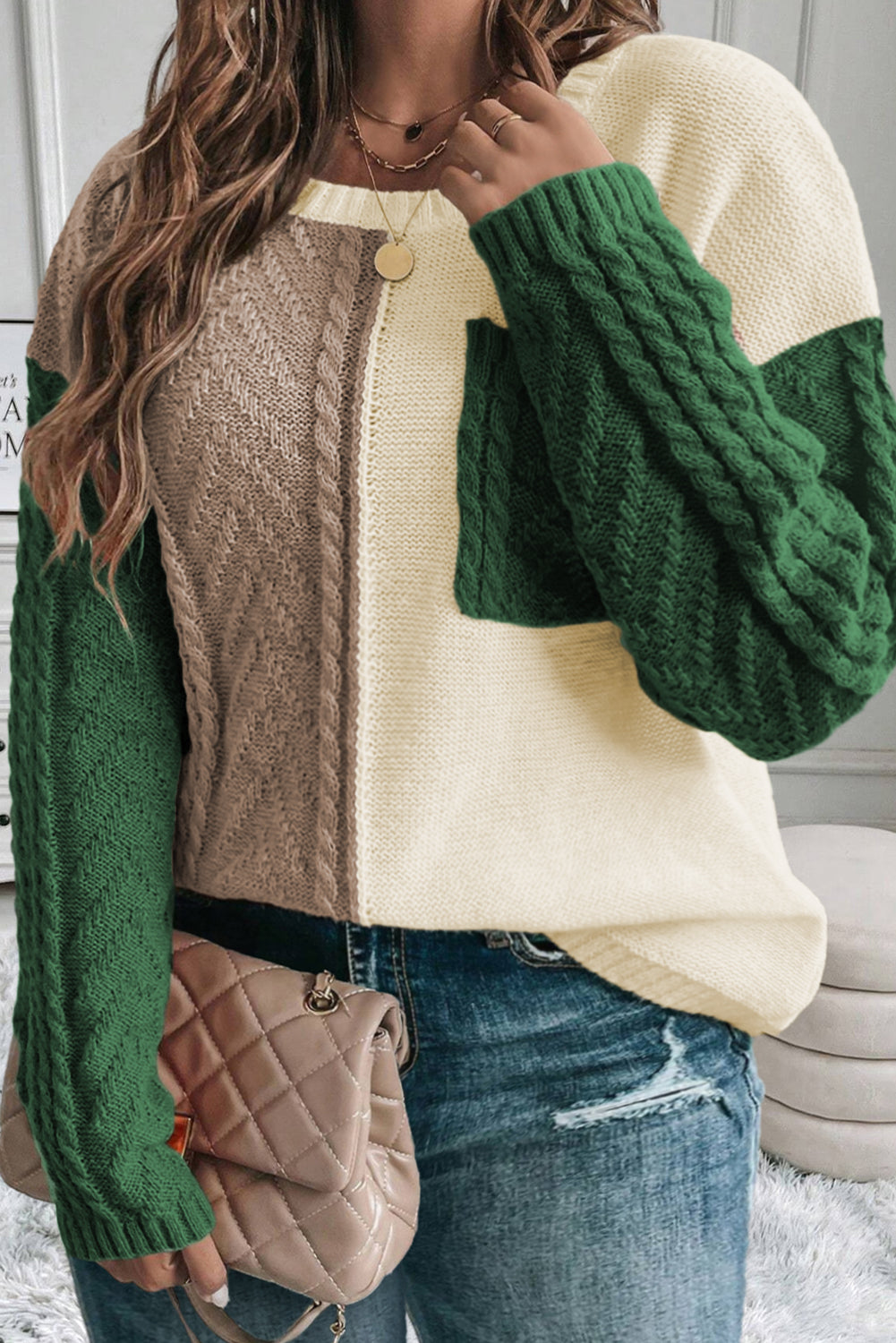 Mist Green Plus Size Cable Knit Color Block Drop Shoulder Sweater