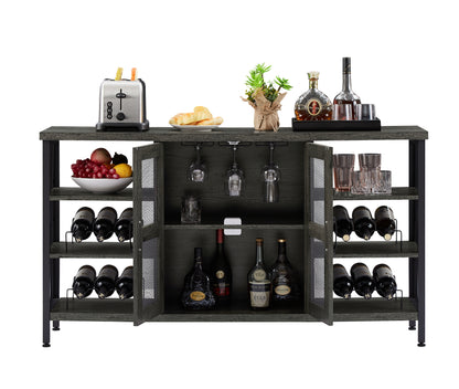 Black Gray Industrial Wine Bar Cabinet w/ Wine Racks & Stemware Holder